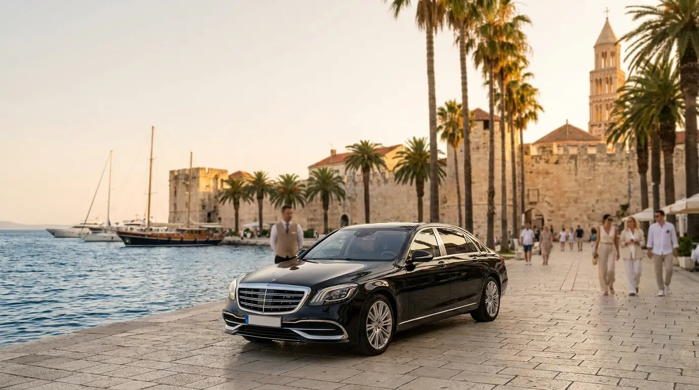 A black executive car on the palm-lined Riva waterfront in Split at golden hour